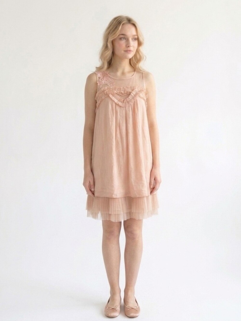 Ryu Cotton Silk Mesh Overlay Balletcore Tiered Dress - Medium